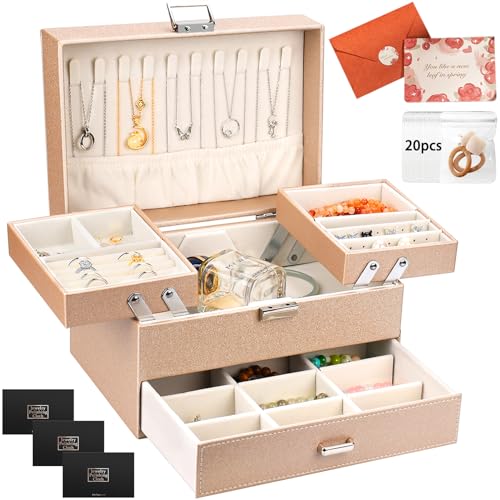 UCAMP Schmuckkästchen 3 Ebenen,Schmuckkasten Groß,4 Schubladen Schmuckschatulle,Schmuckaufbewahrung,Schmuck Organizer für Ringe,Ohrringe,Halsketten und Uhren,Beige Schmuck-Reiseetui von UCAMP