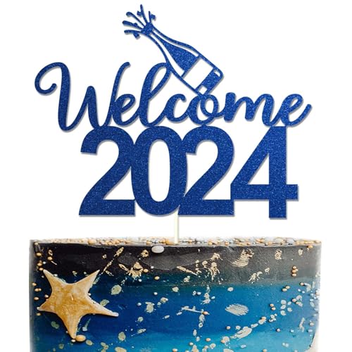 Ucity Tortenaufsatz mit blauem Glitzer, Willkommen 2022, Happy New Year 2022, Hello 2022, Welcome 2022, Cheers to 2022, Cake Topper, Merry Chirstmas, Holiday Party Dekoration von UCITY