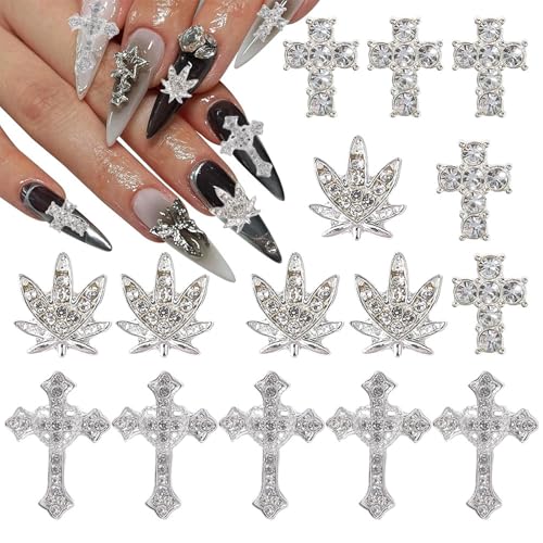 UCK-KIT 30PCS Kreuz Nagel Charms 3D Nagel Schmuck mit Kristall Strass Silber Maple Leaf Nail Gems Nagel Dekoration Multi Stil Nagel Zubehör für Frauen Maniküre Design von UCK-KIT