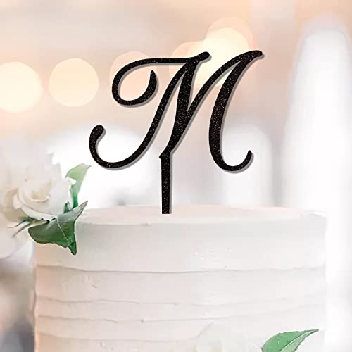 Initial M Cake Topper Wedding Letter Monogramm Name Glitter Black For Wedding Bridal Shower Decorations Beach Reusable Botancial Wreath Personalized 26Letters Bridal Shower Gifts von UDCRZ