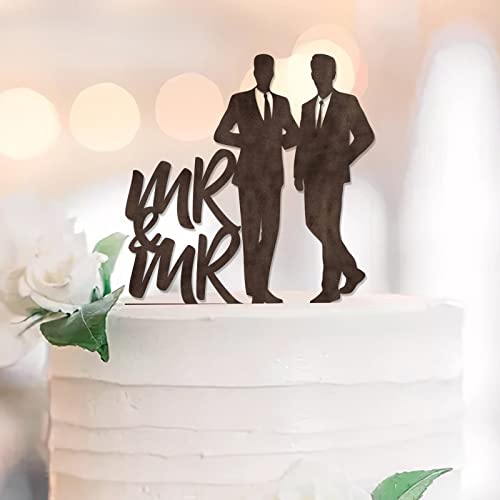 Mr & Mr Silhouette Kuchenaufsatz Bräutigam und Bräutigam Silhouette Love Two Herren Hochzeit Verlobung Party Dekor Anpassen Name Est Date Gay Paar Geschenke Braun Holz 15,2 cm von UDCRZ