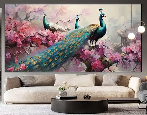 Diamond Painting Groß xxl 100 x 40 cm Pfau Diamant Painting Bilder Erwachsene Malen nach Zahlen Blume DIY Voll Square bohrer diamond painting zubehör Set für Wohnzimmer und Schlafzimmer Wanddeko H60 von UDERUI