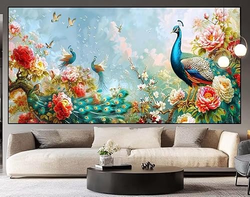 Diamond Painting Groß xxl 100 x 40 cm Pfau Diamant Painting Bilder Erwachsene Malen nach Zahlen Blume DIY Voll Square bohrer diamond painting zubehör Set für Wohnzimmer und Schlafzimmer Wanddeko H59 von UDERUI