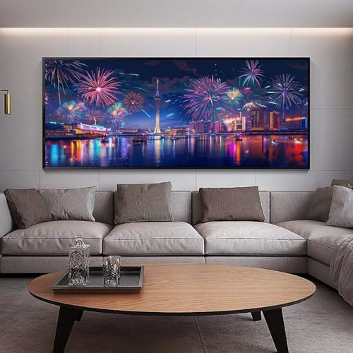 Diamond Painting Groß xxl 150 x 50 cm Stadt Diamant Painting Bilder Erwachsene Malen nach Zahlen Feuerwerk DIY Voll Square diamond painting zubehör Set für Wohnzimmer und Schlafzimmer Wanddeko A99 von UDERUI