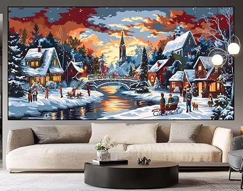 Diamond Painting Groß xxl 220 x 100 cm Winter Diamant Painting Bilder Erwachsene Malen nach Zahlen Kleine Stadt DIY Voll Square diamond painting zubehör Set für Wohnzimmer und Schlafzimmer Wanddeko G2 von UDERUI