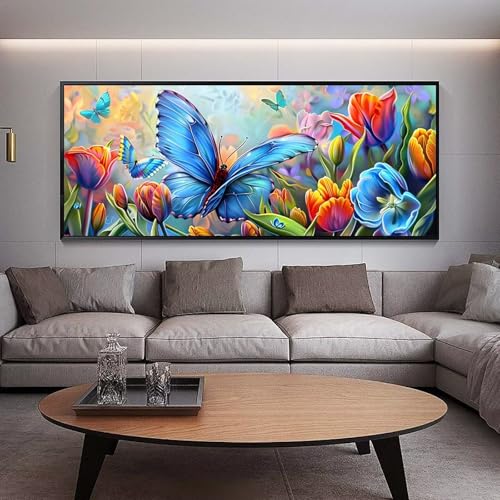 Diamond Painting Groß xxl 90 x 30 cm Blume Diamant Painting Bilder Erwachsene Malen nach Zahlen Schmetterling DIY Voll Square diamond painting zubehör Set für Wohnzimmer und Schlafzimmer Wanddeko B65 von UDERUI