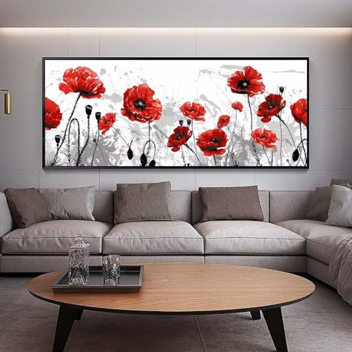 Diamond Painting Groß xxl 90 x 30 cm Rot Diamant Painting Bilder Erwachsene Malen nach Zahlen Mohn DIY Voll Square bohrer diamond painting zubehör Set für Wohnzimmer und Schlafzimmer Wanddeko A70 von UDERUI