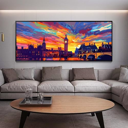 Diamond Painting Groß xxl 90 x 30 cm Sonnenuntergang Diamant Painting Bilder Erwachsene Malen nach Zahlen London DIY Voll Square diamond painting zubehör Set，Wohnzimmer und Schlafzimmer WanddekoB84 von UDERUI