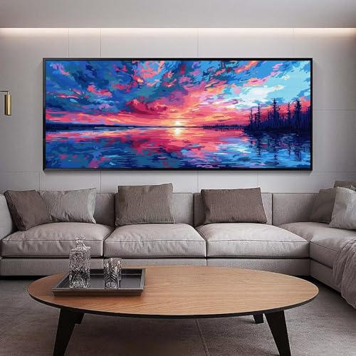 Diamond Painting Groß xxl 90 x 30 cm Sonnenuntergang Diamant Painting Bilder Erwachsene Malen nach Zahlen See DIY Voll Square diamond painting zubehör Set für Wohnzimmer und Schlafzimmer Wanddeko C25 von UDERUI