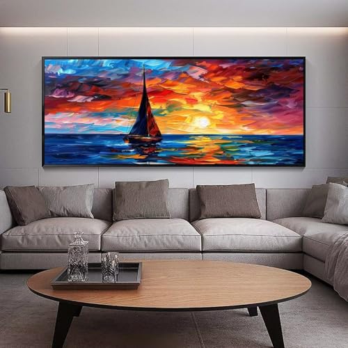 Diamond Painting Groß xxl 90 x 30 cm Sonnenuntergang Diamant Painting Bilder Erwachsene Malen nach Zahlen Segelboot DIY Voll Square diamond painting zubehör Set，Wohnzimmer und Schlafzimmer WanddekoB86 von UDERUI