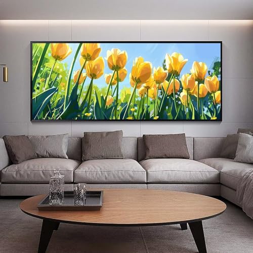 Diamond Painting Groß xxl 90 x 30 cm Tulpe Diamant Painting Bilder Erwachsene Malen nach Zahlen Gelb DIY Voll Square bohrer diamond painting zubehör Set für Wohnzimmer und Schlafzimmer Wanddeko A68 von UDERUI