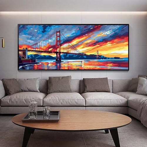 UDERUI Diamond Painting Groß xxl 90 x 30 cm Sonnenuntergang Diamant Painting Bilder Erwachsene Malen nach Zahlen GoldenGateBridge DIY Voll Square diamond painting zubehör Set，Wohnzimmer Wanddeko B18 von UDERUI