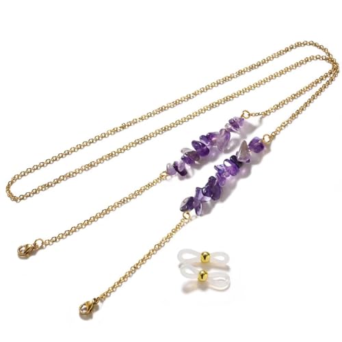 UDJKSHAL Damen-Brillenkette, Brillenband, goldene, unregelmäßige Freiform-Naturstein-Amethysten/Tigerauge/Türkis-Perlen for die Schmuckherstellung, DIY-Brillenkette, rutschfestes Brillenseil(Purple) von UDJKSHAL