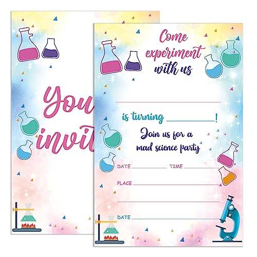 UDNADKEX Science Birthday Invitations Girl with Envelopes, Invites for Girls Birthday Party Science, Mad Science Kindergeburtstag Einladungskarten, 4''x6'' Set of 20, Come Experiment with Us von UDNADKEX