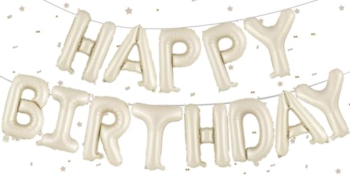 Beige Happy Birthday Ballons Banner,Happy Birthday Luftballon Girlande 16 Zoll Silver Folie Happy Birthday Folienballon Luftballon Helium Ballon Geburtstagsballon Banner für Geburtstag Party von UDRKFOPK