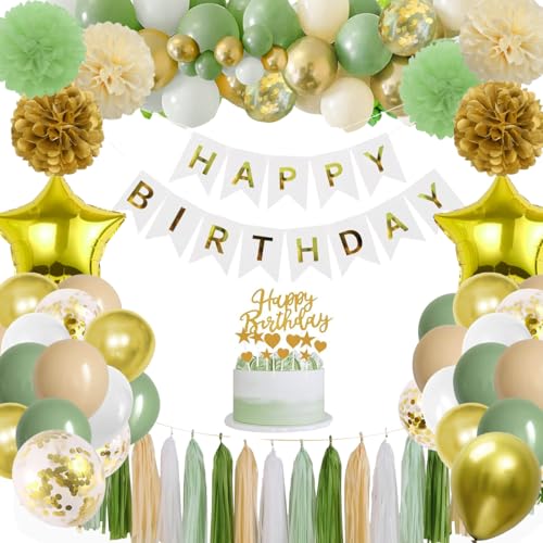 Geburtstagsdeko Grün Gold,12" Salbei Grün Luftballons Geburtstag Party Deko Set mit Happy Birthday Banner ,Konfetti Ballons Deko Geburtstag Frau Mann Party Ballons für Geburtstagsdeko Mädchen Baby von UDRKFOPK