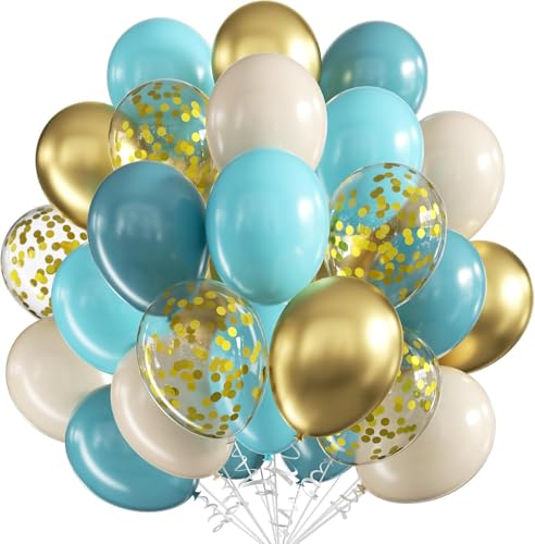 Luftballons Geburtstag Blau,60pcs 12 Zoll Luftballons Teal Blau Beige Luftballons,Metallic Gold Konfetti Ballons Sand Weiß Latexballons für Hochzeit Verlobung Taufe Baby Shower Party Deko von UDRKFOPK