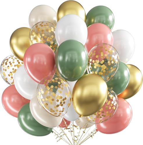 Luftballons Geburtstag Rosa Grün,60 Stück 12 Zoll Luftballons Grün Rosa,Metallic Gold Ballons Apricot Grün Beige Luftballons Latex für Hochzeit Baby Dusche Dschungel Geburtstag Party Deko von UDRKFOPK