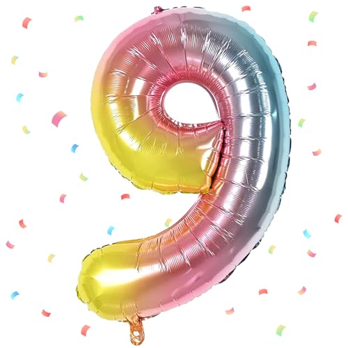 Regenbogen Luftballon 9,Zahlen Luftballon Regenbogen,40 Zoll Bunt Folienballon 9，101cm Sandweiß Zahlenballon 9 Helium Ballon Luftballon 9 Geburtstag für 9 Jahre Geburtstagsdeko Kinder Mädchen Junge von UDRKFOPK