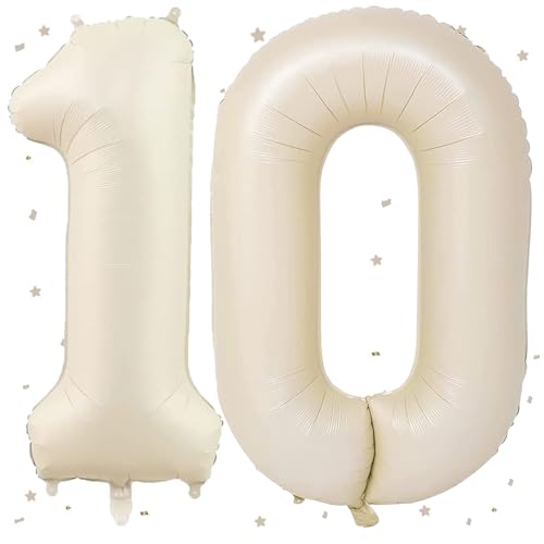 UDRKFOPK Beige Luftballon 10,Zahlen Luftballon Beige,40 Zoll Creme Weiß Folienballon 10,101cm Beige Zahlenballon 10 Helium Ballon Luftballon 10 Geburtstag für Geburtstagsdeko Kinder Mädchen Junge von UDRKFOPK