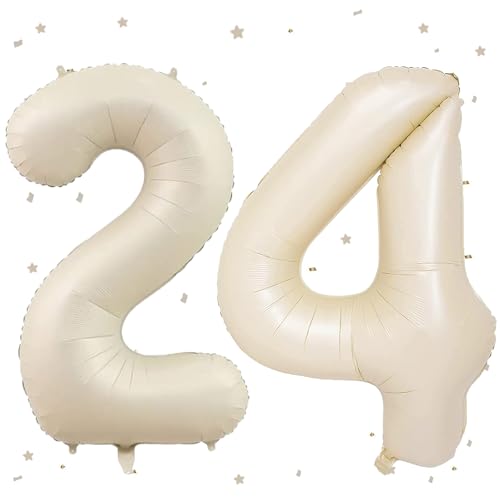 UDRKFOPK Beige Luftballon 24,Zahlen Luftballon Beige,40 Zoll Creme Weiß Folienballon 2&4,Beige Zahlenballon 24 Helium Ballon Luftballon 24 Geburtstag für 24th 42th Geburtstagsdeko Mädchen Junge von UDRKFOPK