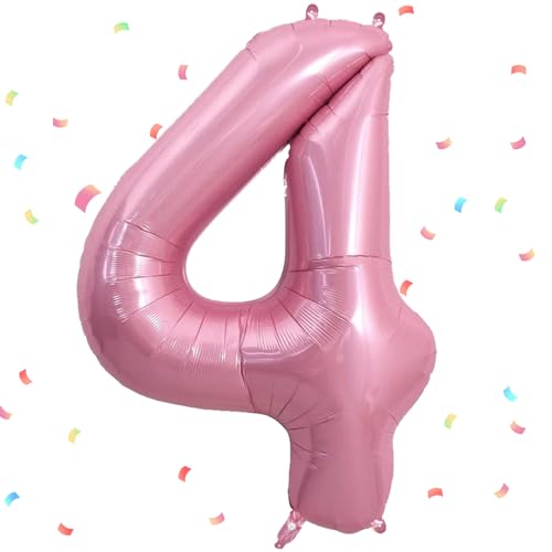 UDRKFOPK Zahlen Luftballon Rosa,Rosa Luftballon 4, 40 Zoll Rosa Folienballon 4，101cm Rosa Zahlenballon 4 Helium Ballon Luftballon 4 Geburtstag für 4 Jahre Geburtstagsdeko Kinder Mädchen Junge von UDRKFOPK