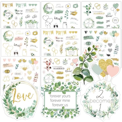 Hochzeitsaufkleber für Scrapbooking, 8 Blatt 160 PCS Romantische Hochzeit Scrapbook Aufkleber, Gold-Grün Hochzeit Aufkleber für Scrapbook Hochzeitsplaner, Selbstklebend Wasserdicht Braut Scrapbook von UEHENUE