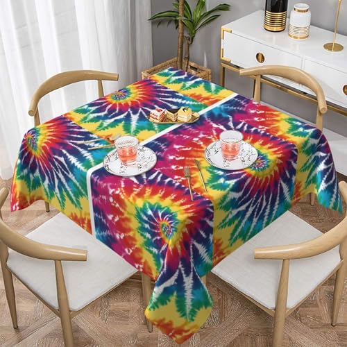 UENFFKDAP Batik-Tischdecke in Regenbogenfarben, quadratisch, wasserdicht und waschbar, für drinnen und draußen, geeignet für Partys, Picknicks, Essen und Gärten von UENFFKDAP