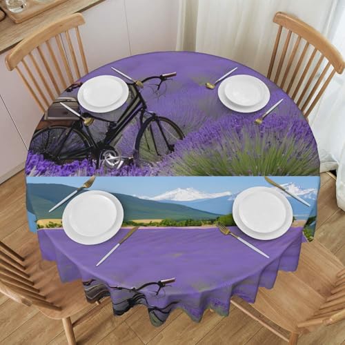 UENFFKDAP Lavender Field Tischdecke, rund, Retro-Fahrrad, Landwirtschaft, wasserdicht, waschbar und wiederverwendbar, für Restaurants, Partys, drinnen und draußen, 152 cm von UENFFKDAP