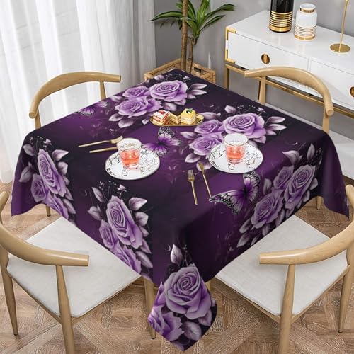 UENFFKDAP Purple Beauty Tischdecke mit Schmetterlingen, quadratisch, wasserdicht und waschbar, für drinnen und draußen, geeignet für Partys, Picknicks, Esszimmer und Gärten von UENFFKDAP