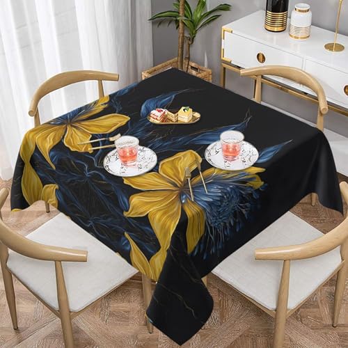 UENFFKDAP Quadratische Tischdecke mit türkisblauen und goldenen Blumen, wasserdicht und waschbar. Für Innen- und Außenbereich geeignet für Partys, Picknicks, Esszimmer und Gärten von UENFFKDAP