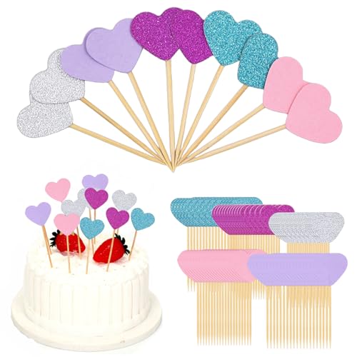 100 Stück Muffin Deko Geburtstag, Herzen Cupcake Deko Mehrfarbig Cupcake Topper Hochzeitsherzen Muffin Topper für Jahrestag Braut Party Geburtstag Valentinstag von UEPOA