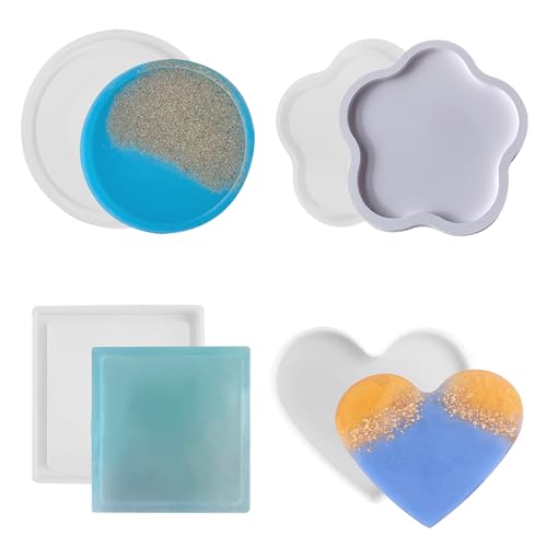 4 Stück Silikonform Untersetzer, Silikonform Tablett Gießformen für Beton Silikon Epoxidharz Formen Rund Quadrat Blume Herz Gipsformen zum Gießen für DIY Tablett Obsttablett von UEPOA