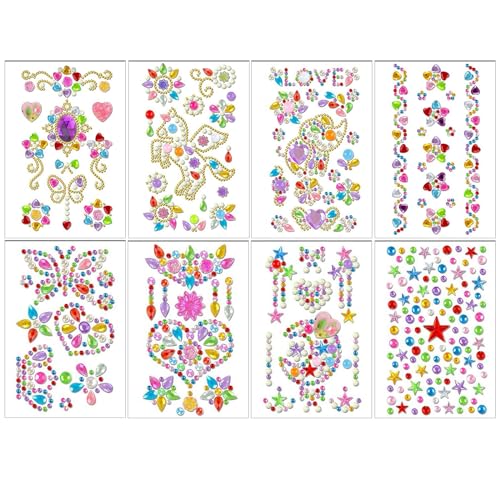 Glitzersteine Selbstklebend Set, 8 Blätter Acryl Sticker Strasssteine Glitzer Basteln Bunt Kristall Aufkleber Verschiedene Formen Diamant für DIY Handwerke Nägel Deko von UEPOA