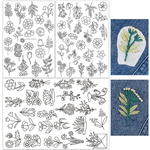 Stickvorlagen Wasserlöslich, 3 Blatt 74 Stück Stickvlies Selbstklebend Sticken Vorlagen Pflanzen Blumen Stickmuster DIY Stickpapier zum Handnähliebhaber Stickerei Handnähen von UEPOA