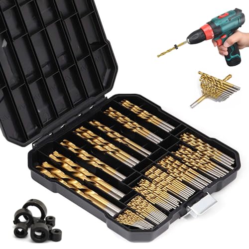 107 Stück HSS Bohrer Set, Metallbohrer Set Profi mit Bohrer Tiefenanschlag Titan Spiralbohrer Metall von 14 Größen 1,5 mm bis 10 mm Bohrersets für Bohren Holz Kunststoff und Aluminium von UESDU