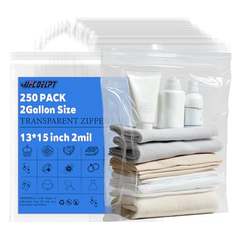 UFCOELPT Wiederverschließbare Plastikbeutel, 250 Stück, 33 x 38 cm, 2 mm Lebensmittelqualität, wiederverschließbare Reißverschlussbeutel für Lagerung, Verpackung und Versand von UFCOELPT