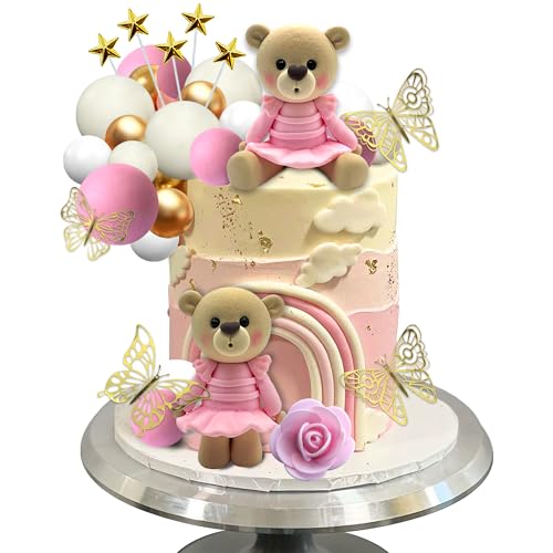 32 Stück Bären-Kuchendekoration Boho-Mini-Bär-Kuchendekorationen Blumen-Kuchendekoration mit goldenen Kugeln Sternen Schmetterlingen für Babyparty Geburtstagsparty Geschlecht Enthüllung Teddybär Mottoparty Zubehör von UFROMSKY