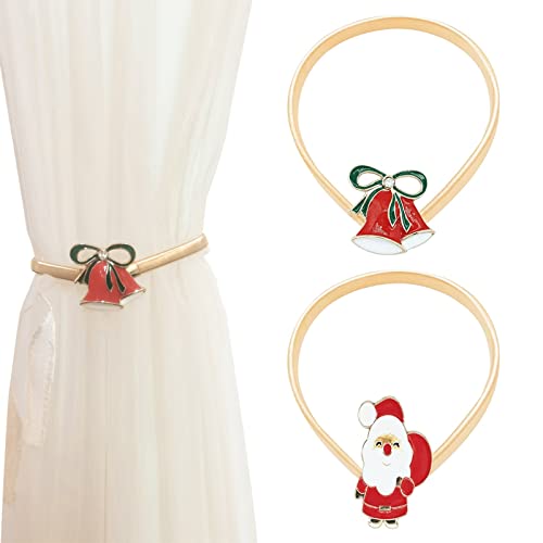 UFURMATE Vorhang Raffhalter, 2Pcs Legierung Gardinen Holdback Mit Weihnachtsdekoration Moderner Einfacher Stil Vorhang Raffhalter Strenchy Drahtseil Vorhangriemen (Gold Glocken & Weihnachtsmann) von UFURMATE