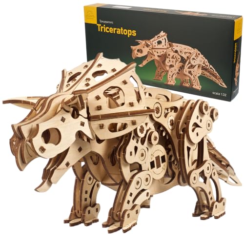 UGEARS Triceratops Dinosaurier 3D Holzpuzzle für Erwachsene - Mechanisches Modellbau Dino Holzbausatz im Maßstab 1:32 - DIY Modellbausatz Erwachsene Dinosaurier 3D Puzzle mit Lebensechtem Gang von UGEARS