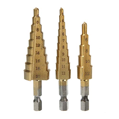 Stufenbohrer, Bohrer for Metall, Hartmetall-Stufenbohrer, 3 Stück 3–12/4–12/4–20 mm, Stufenkegelbohrer-Set aus Schnellarbeitsstahl, Titanbeschichteter Lochschneider, DIY-Holzbearbeitungswerkzeug von UGZPWQLNX