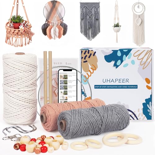 UHAPEER DIY Makramee Kit, 656 Feet Makramee Cord Kit für Anfänger Erwachsene mit Anleitung Wandbehang Pflanzenhänger Kit für Home Room Decor, natürliche Baumwolle, Holzringe, Holzstäbchen von UHAPEER