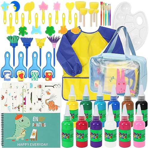 UHAPEER Fingerfarben Waschbare Kit, Ungiftig Kinderfarben Set mit Acrylfarben Pinsel Schwämme Schürze Palette Malkittel und Reisetasche, für Kleinkinder Kindergarten Schule Frühes Lernen von UHAPEER