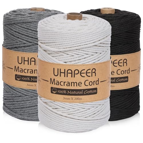 UHAPEER Makramee Garn 3mm x 200m, Baumwollgarn 3er Set, Macrame Cord Bunt, Baumwollkordel Natur, Für Boho Deko, DIY Handwerk, Wanddeko, Hängepflanze von UHAPEER