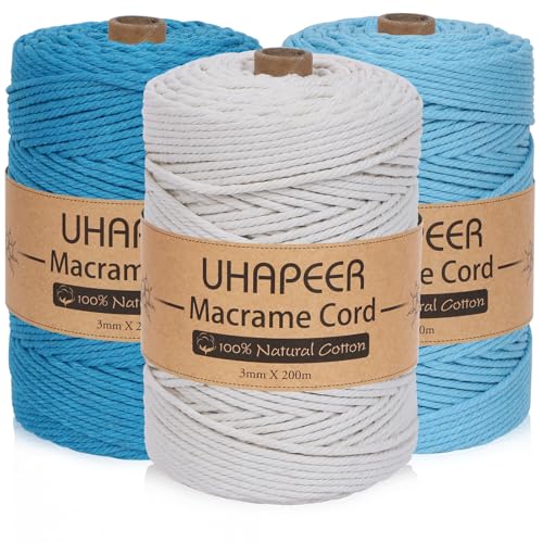 UHAPEER Makramee Garn 3mm x 200m, Baumwollgarn 3er Set, Macrame Cord Bunt, Baumwollkordel Natur, Für Boho Deko, DIY Handwerk, Wanddeko, Hängepflanze von UHAPEER