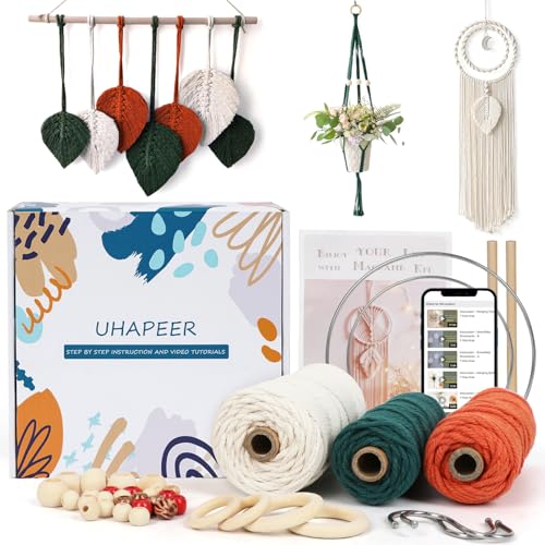 UHAPEER Makramee Garn DIY Kit, Baumwollgarn Traumfänger Bastelset, Naturbaumwollseil für Erwachsene Anfänger, mit 3 mm Makramee, Holzperlen, Holzringen, Traumfänger Ringen von UHAPEER