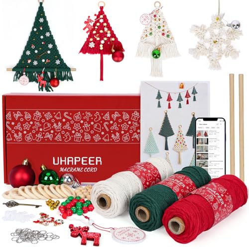 UHAPEER Makramee Set mit Weihnachtsdeko, Makramee Garn Kit mit Anleitung, 3mm x 50m Macrame Cord mit Holzperlen Holzringe, Bastelset Erwachsene für DIY Deko Weihnachten, Traumfänger, Weihnachtsschmuck von UHAPEER