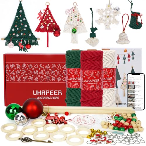 UHAPEER Weihnachten Makramee Set, Makramee Kit für Weihnachtsdeko, Makramee DIY Zubehör für Anfänger mit Anleitung und Video Tutorials, Macrame Bastelset für Weihnachts Deko, Weihnachtsschmuck von UHAPEER