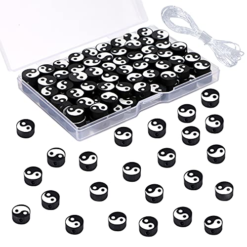 UHOMENY 100 Stück Yin Yang Polymer-Ton-Abstandshalter für Kinder und Erwachsene, Schmuckherstellung, Armbänder, Halsketten, Ohrringe, Tai Chi, Zubehör mit Box, elastischer Schnur (schwarz-weiß) von UHOMENY