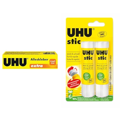 UHU Alleskleber Extra Tube, Gel-Form für extra starkes und tropffreies Kleben, 125 g & 52190-2 Klebestifte, 21 g von UHU
